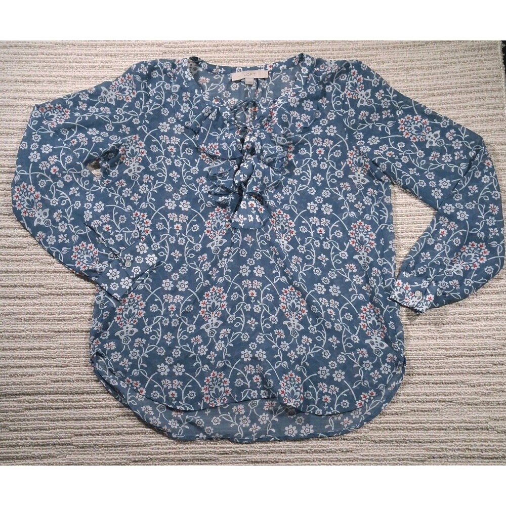 LOFT ANN TAYLOR BLUE FLORAL RUFFLE TIE NECK LONG SLEEVE BLOUSE TOP SIZE S WOMEN